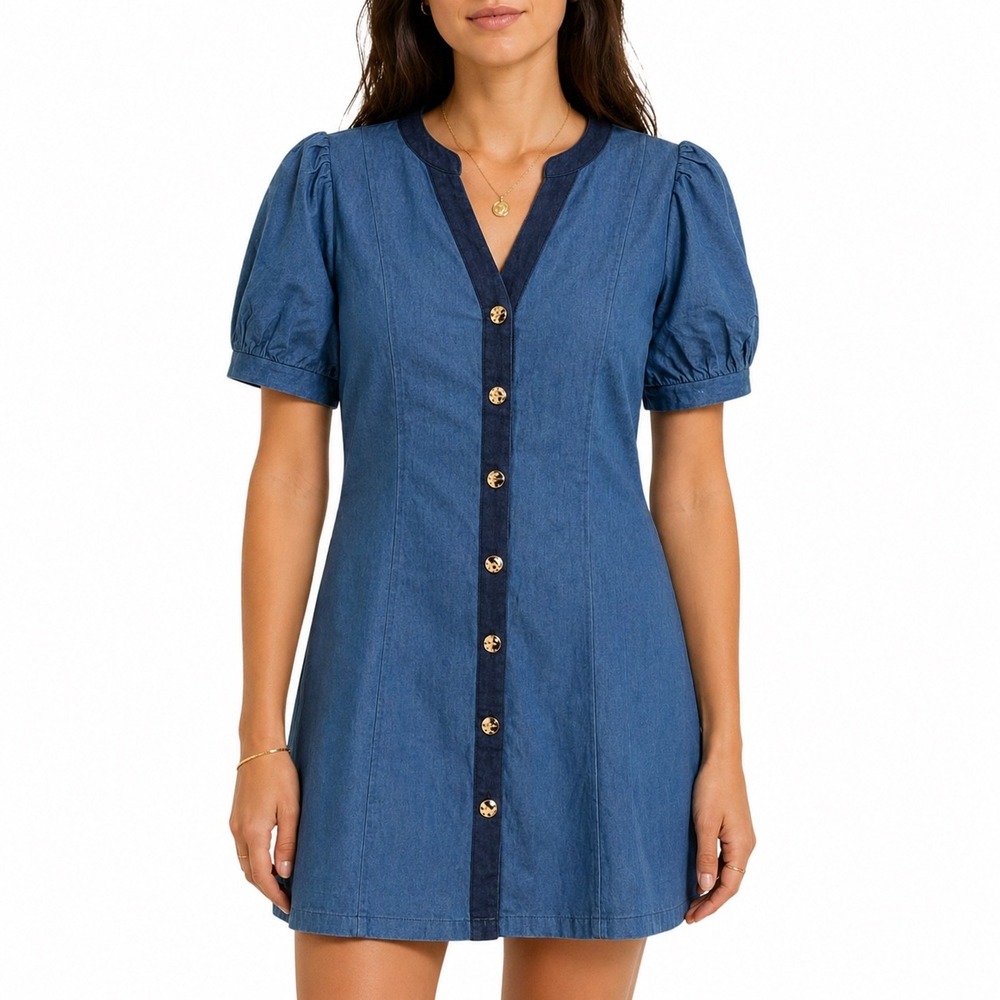 THML Denim Chambray Puff Sleeve Button Front Mini Dress Women's XS NWT